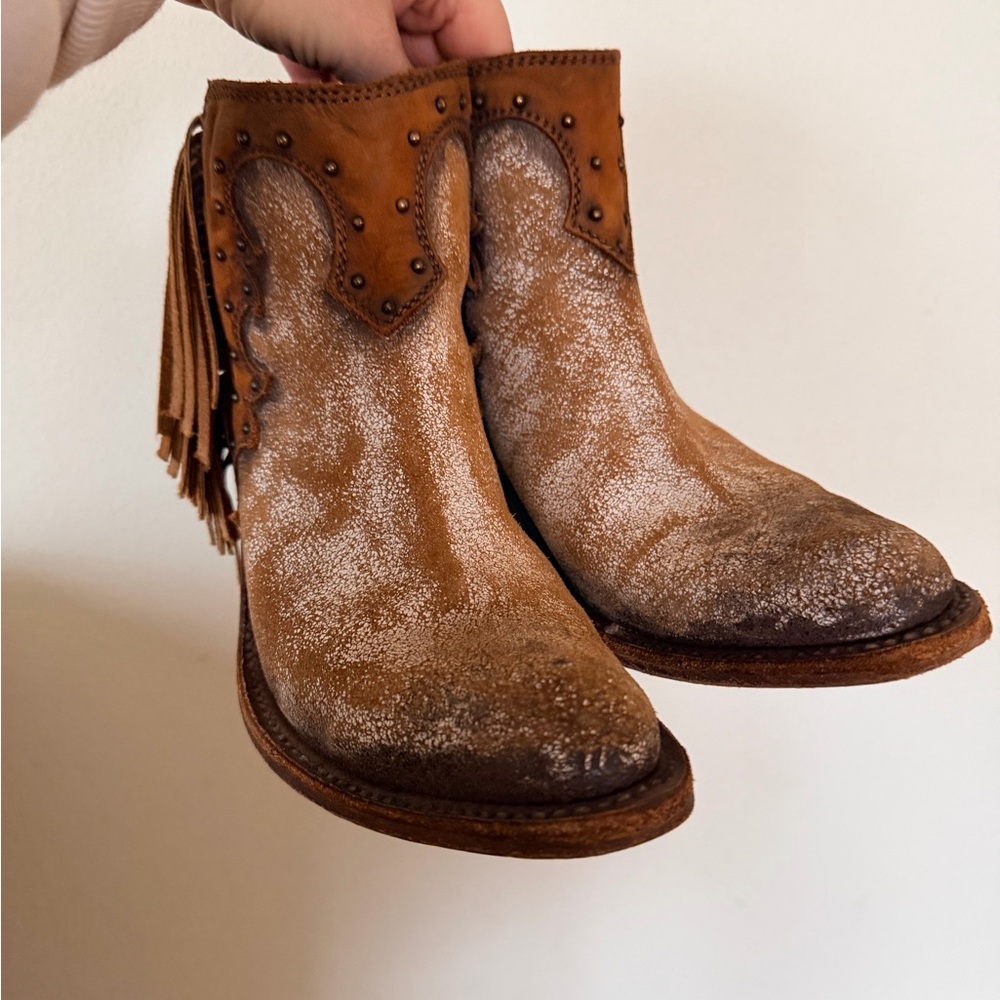 LIBERTY Black Tan Suede Fringe Studded Heeled Boots